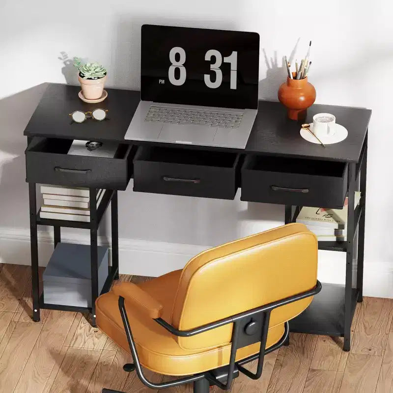 47 Petit Bureau d'Ordinateur, Bureau d'Écriture avec Tiroirs en Tissu, Bureau à Domicile avec Étagères Réglables