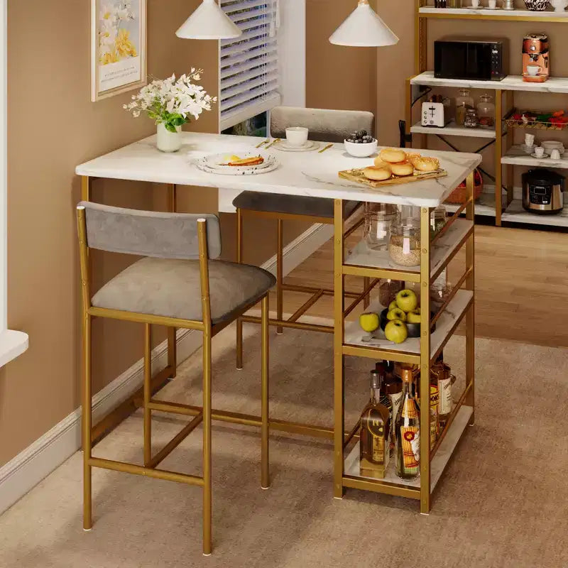 Ensemble Table et Chaises de Bar pour 2 Personnes, Table de Bar Compacte 3 Pièces avec 2 Tabourets Rembourrés en PU, 3 Étagères de Rangement, Ensemble de Salle à Manger Moderne Peu Encombrant