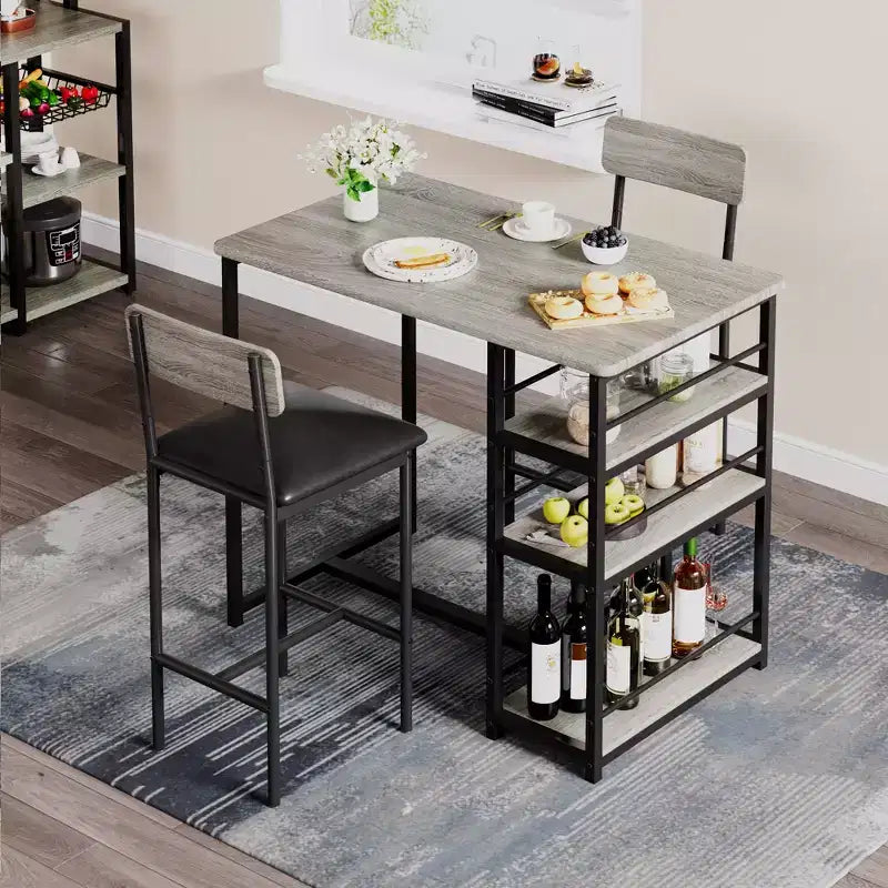 Ensemble Table et Chaises de Bar pour 2 Personnes, Table de Bar Compacte 3 Pièces avec 2 Tabourets Rembourrés en PU, 3 Étagères de Rangement, Ensemble de Salle à Manger Moderne Peu Encombrant