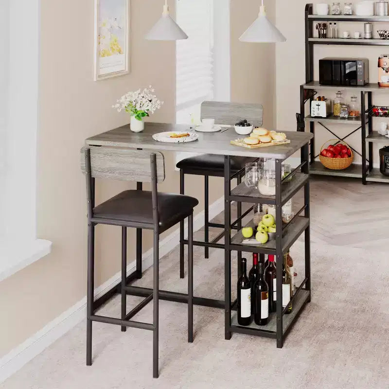Ensemble Table et Chaises de Bar pour 2 Personnes, Table de Bar Compacte 3 Pièces avec 2 Tabourets Rembourrés en PU, 3 Étagères de Rangement, Ensemble de Salle à Manger Moderne Peu Encombrant