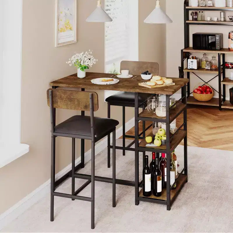 Ensemble Table et Chaises de Bar pour 2 Personnes, Table de Bar Compacte 3 Pièces avec 2 Tabourets Rembourrés en PU, 3 Étagères de Rangement, Ensemble de Salle à Manger Moderne Peu Encombrant