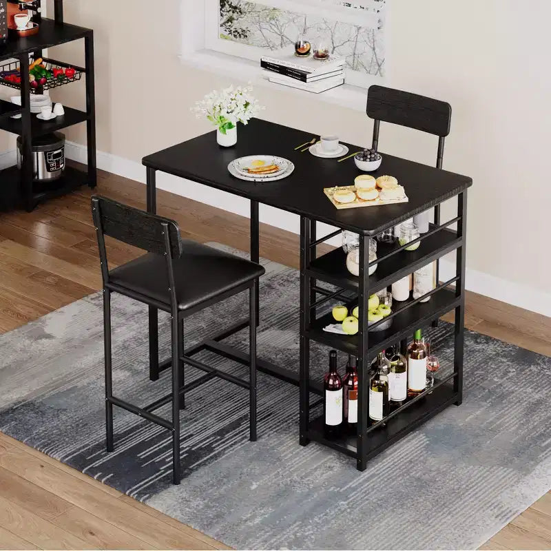 Ensemble Table et Chaises de Bar pour 2 Personnes, Table de Bar Compacte 3 Pièces avec 2 Tabourets Rembourrés en PU, 3 Étagères de Rangement, Ensemble de Salle à Manger Moderne Peu Encombrant