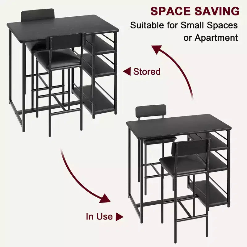 Ensemble Table et Chaises de Bar pour 2 Personnes, Table de Bar Compacte 3 Pièces avec 2 Tabourets Rembourrés en PU, 3 Étagères de Rangement, Ensemble de Salle à Manger Moderne Peu Encombrant