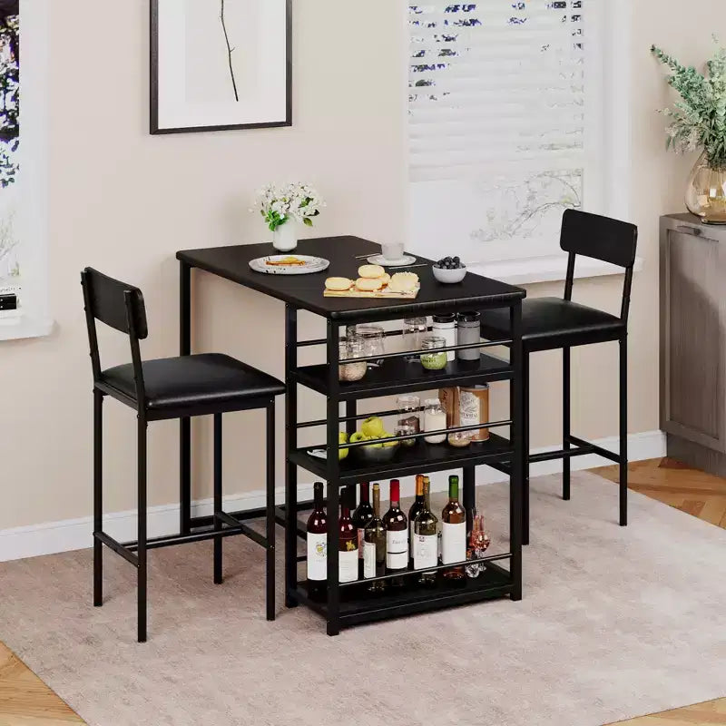 Bar Table and Chairs Set for 2, 3-Piece Small Bar Table with 2 PU Cushioned Stools, 3 Storage Shelves, Space-Saving Modern Dining Set