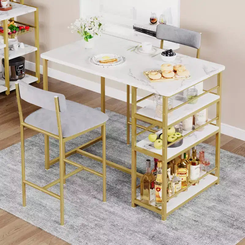 Ensemble Table et Chaises de Bar pour 2 Personnes, Table de Bar Compacte 3 Pièces avec 2 Tabourets Rembourrés en PU, 3 Étagères de Rangement, Ensemble de Salle à Manger Moderne Peu Encombrant