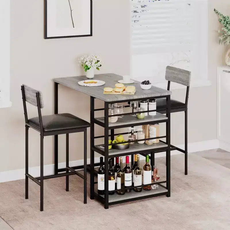 Ensemble Table et Chaises de Bar pour 2 Personnes, Table de Bar Compacte 3 Pièces avec 2 Tabourets Rembourrés en PU, 3 Étagères de Rangement, Ensemble de Salle à Manger Moderne Peu Encombrant