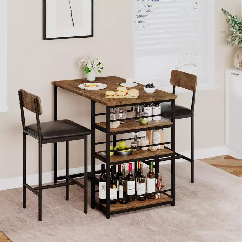 Ensemble Table et Chaises de Bar pour 2 Personnes, Table de Bar Compacte 3 Pièces avec 2 Tabourets Rembourrés en PU, 3 Étagères de Rangement, Ensemble de Salle à Manger Moderne Peu Encombrant