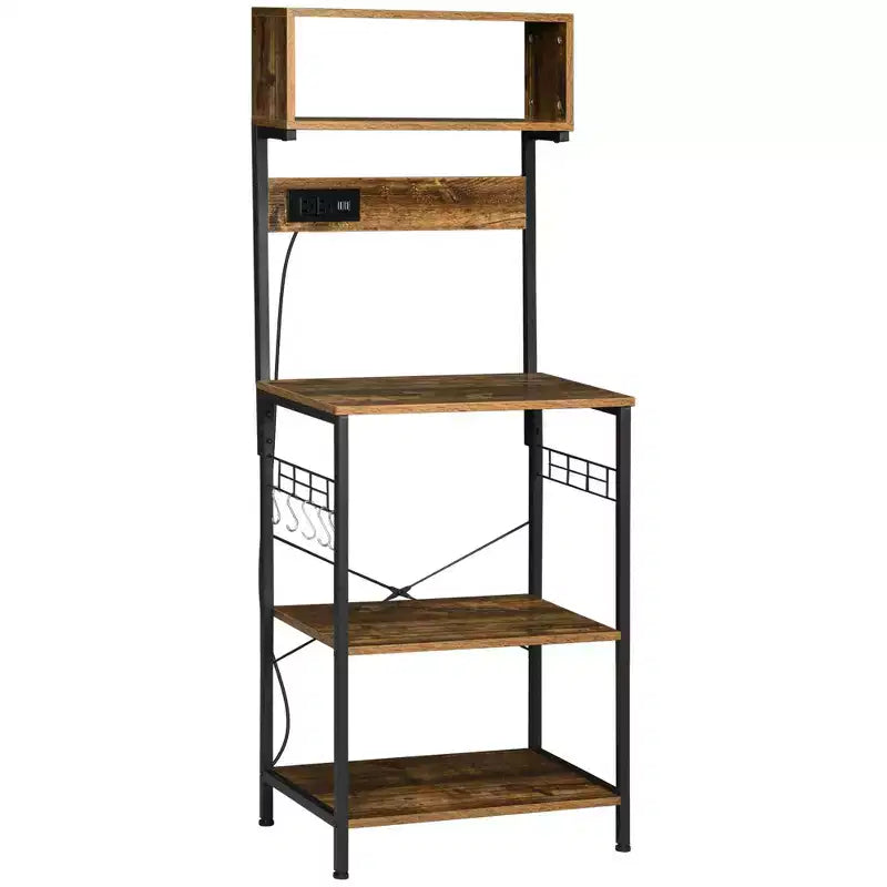 Kitchen Bakers Rack with Power Outlet, USB Charger, Microwave Stand Bar with Adjustable Shelves, 5 Hooks for Spices, Pots and Pans