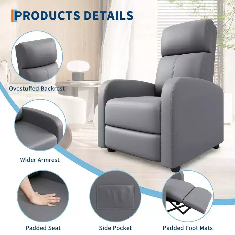 Fauteuil inclinable pour adultes, fauteuil de lecture rembourré avec poche latérale, canapé simple réglable, siège de cinéma maison pour salon