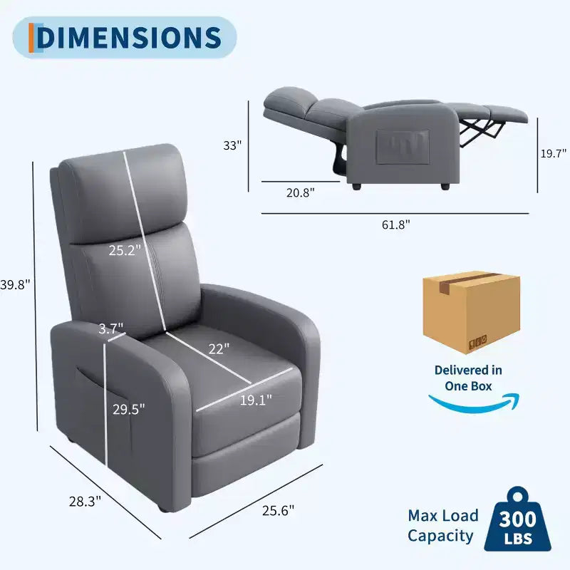 Fauteuil inclinable pour adultes, fauteuil de lecture rembourré avec poche latérale, canapé simple réglable, siège de cinéma maison pour salon