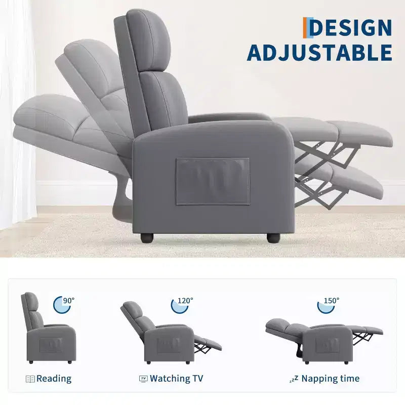 Fauteuil inclinable pour adultes, fauteuil de lecture rembourré avec poche latérale, canapé simple réglable, siège de cinéma maison pour salon