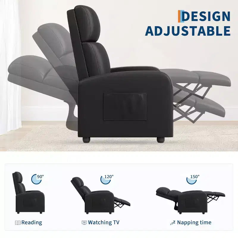 Fauteuil inclinable pour adultes, fauteuil de lecture rembourré avec poche latérale, canapé simple réglable, siège de cinéma maison pour salon