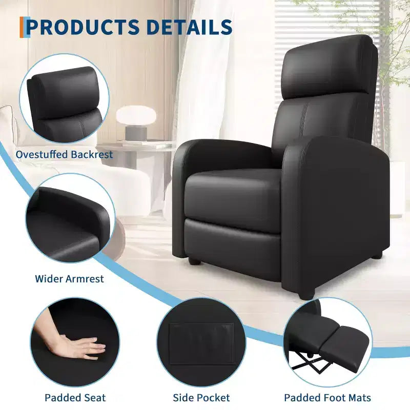 Fauteuil inclinable pour adultes, fauteuil de lecture rembourré avec poche latérale, canapé simple réglable, siège de cinéma maison pour salon