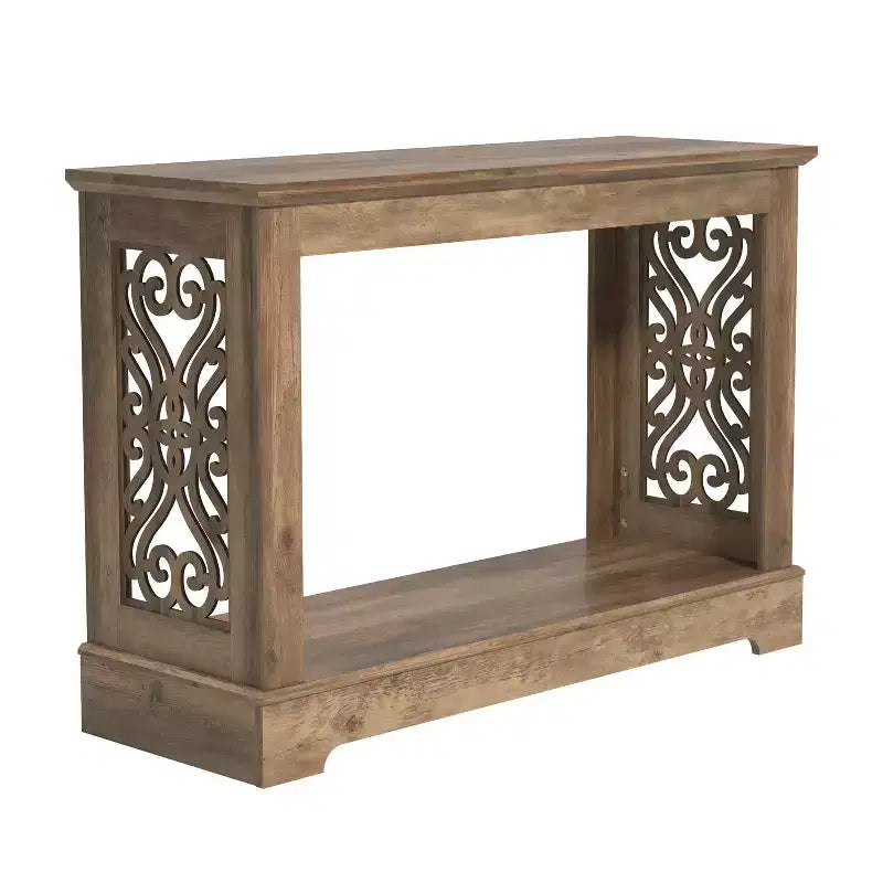 Console Galano avec panneaux latéraux découpés au laser en chêne noueux, 42,1 L x 14,8 P x 29,1 H