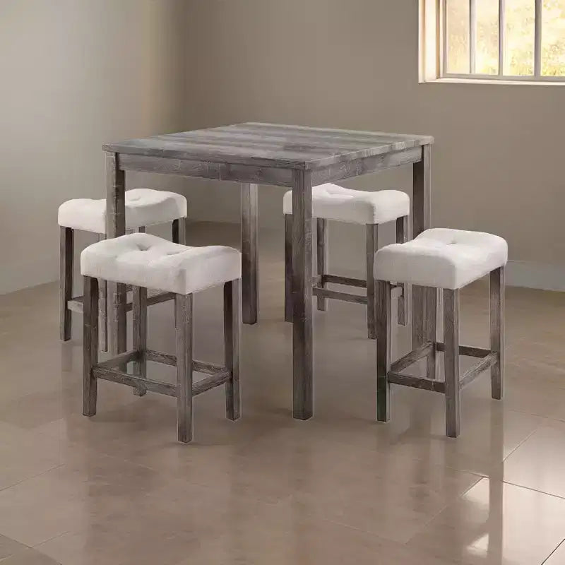 Royal Hampton 5 Piece Counter Height Table Set with 4 Stools, Beige Fabric, Gray Wood