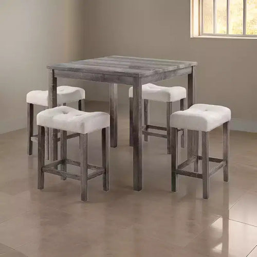 Royal Hampton 5 Piece Counter Height Table Set with 4 Stools, Beige Fabric, Gray Wood