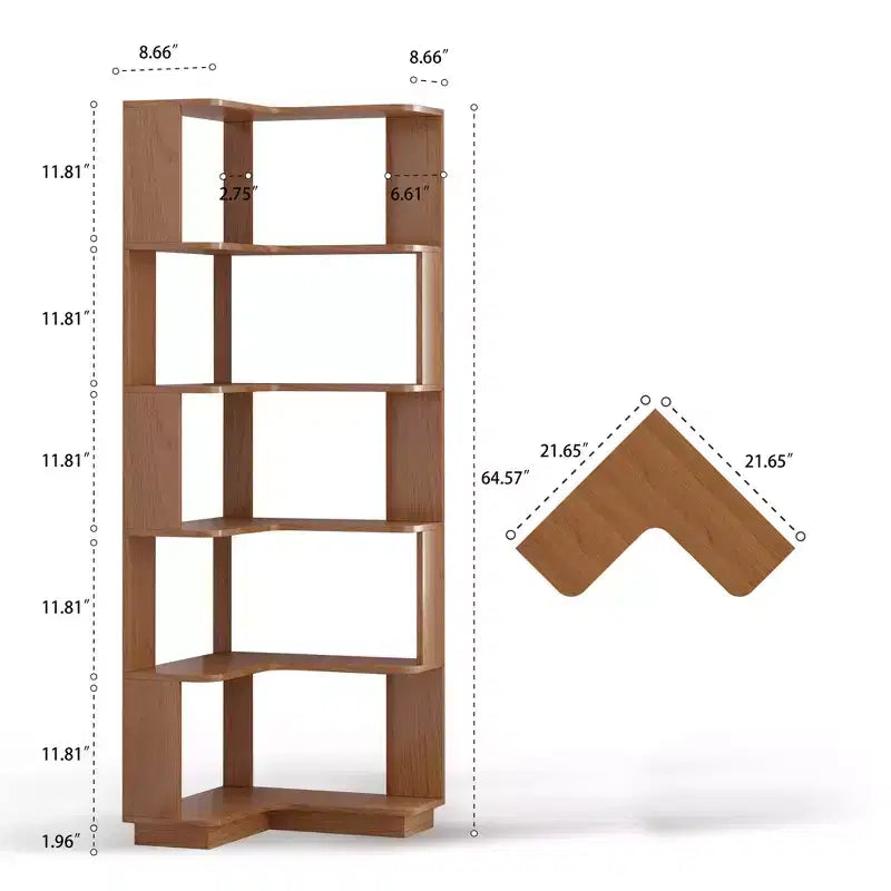Étagère d'angle en forme de L à 6 niveaux Okak, bibliothèque d'affichage en bois avec dispositif anti-basculement pour bureau à domicile, étude