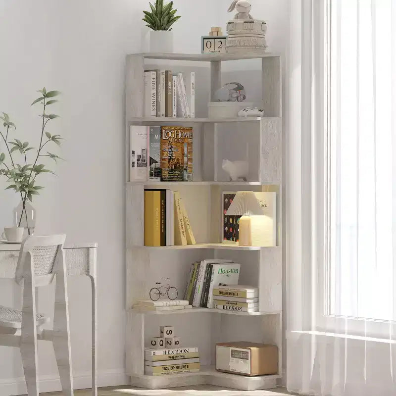 Étagère d'angle en forme de L à 6 niveaux Okak, bibliothèque d'affichage en bois avec dispositif anti-basculement pour bureau à domicile, étude