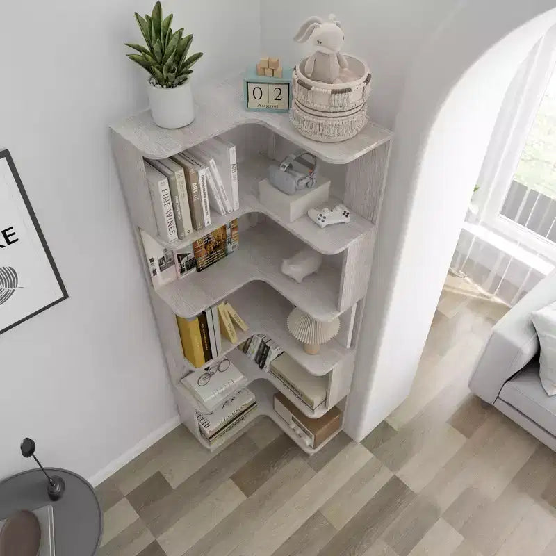 Étagère d'angle en forme de L à 6 niveaux Okak, bibliothèque d'affichage en bois avec dispositif anti-basculement pour bureau à domicile, étude