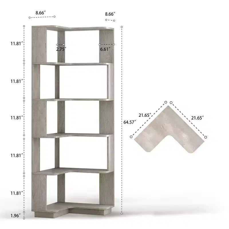 Étagère d'angle en forme de L à 6 niveaux Okak, bibliothèque d'affichage en bois avec dispositif anti-basculement pour bureau à domicile, étude