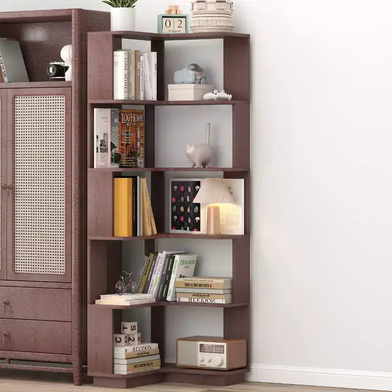 Étagère d'angle en forme de L à 6 niveaux Okak, bibliothèque d'affichage en bois avec dispositif anti-basculement pour bureau à domicile, étude