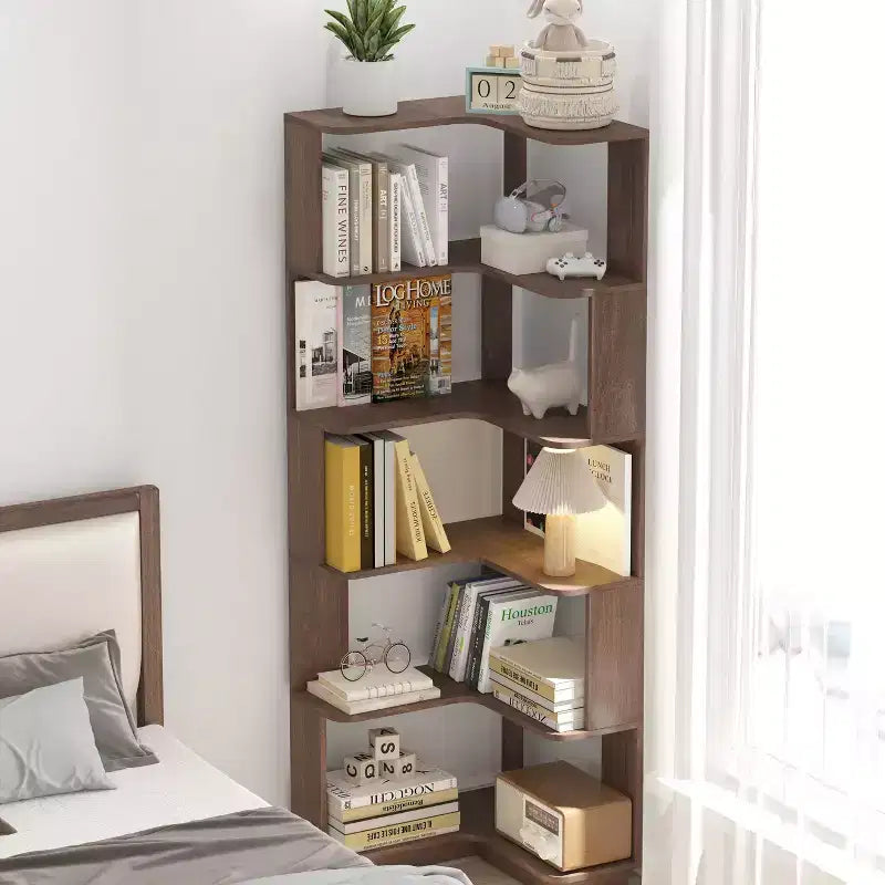 Étagère d'angle en forme de L à 6 niveaux Okak, bibliothèque d'affichage en bois avec dispositif anti-basculement pour bureau à domicile, étude