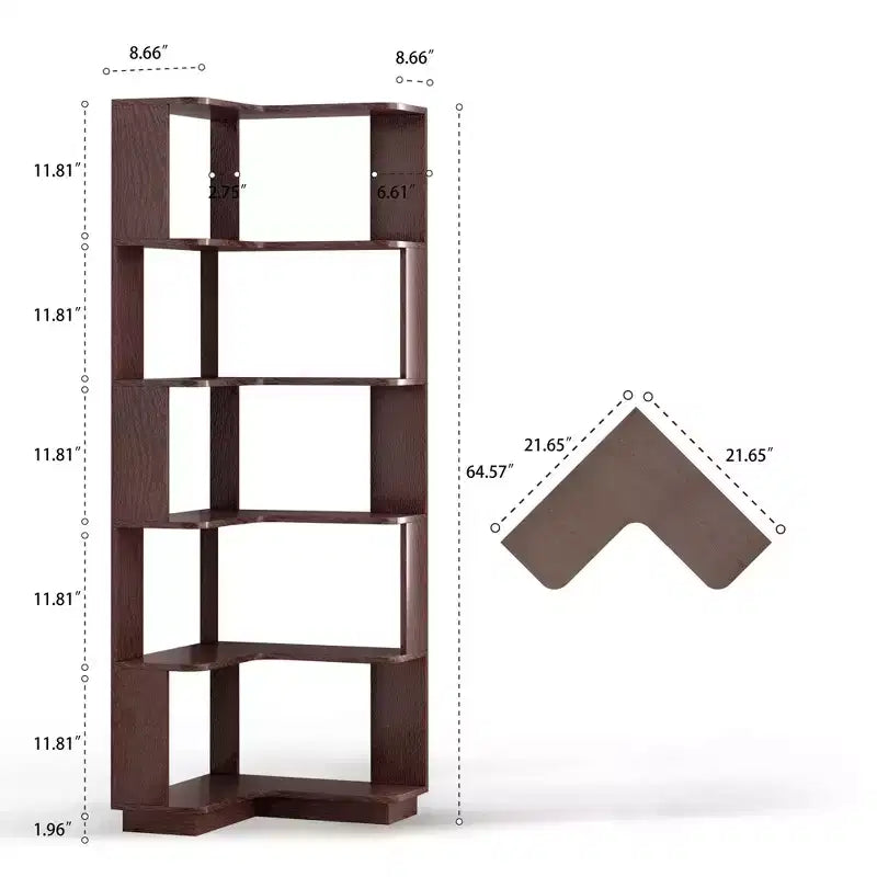 Étagère d'angle en forme de L à 6 niveaux Okak, bibliothèque d'affichage en bois avec dispositif anti-basculement pour bureau à domicile, étude