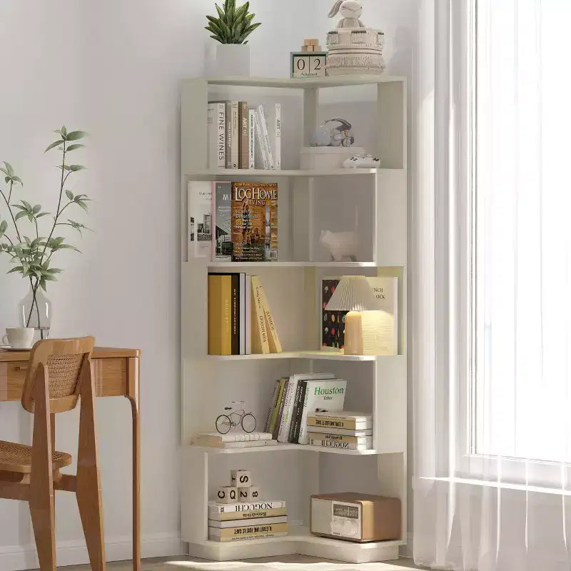 Étagère d'angle en forme de L à 6 niveaux Okak, bibliothèque d'affichage en bois avec dispositif anti-basculement pour bureau à domicile, étude