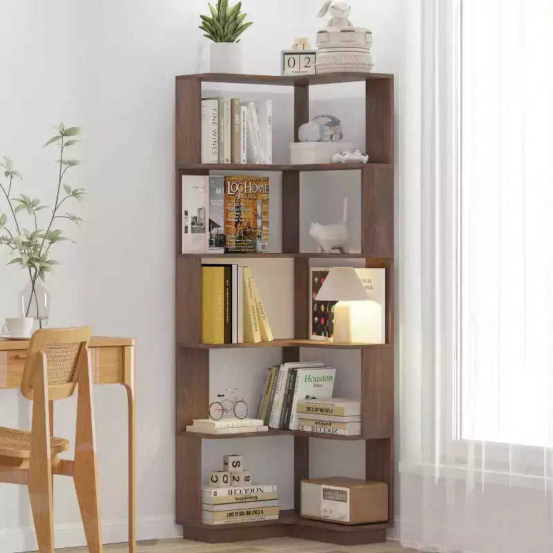 Étagère d'angle en forme de L à 6 niveaux Okak, bibliothèque d'affichage en bois avec dispositif anti-basculement pour bureau à domicile, étude