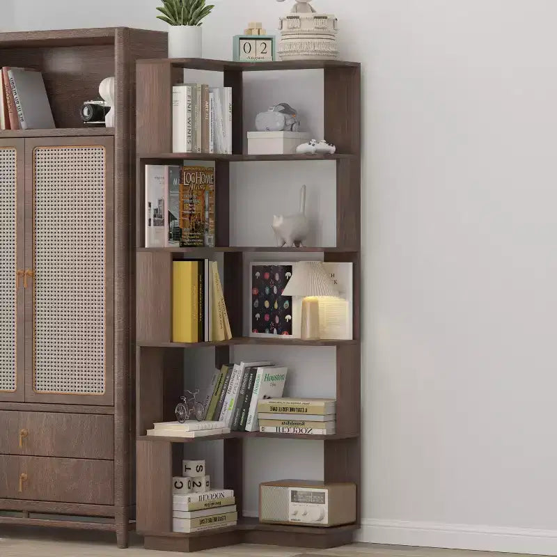 Étagère d'angle en forme de L à 6 niveaux Okak, bibliothèque d'affichage en bois avec dispositif anti-basculement pour bureau à domicile, étude