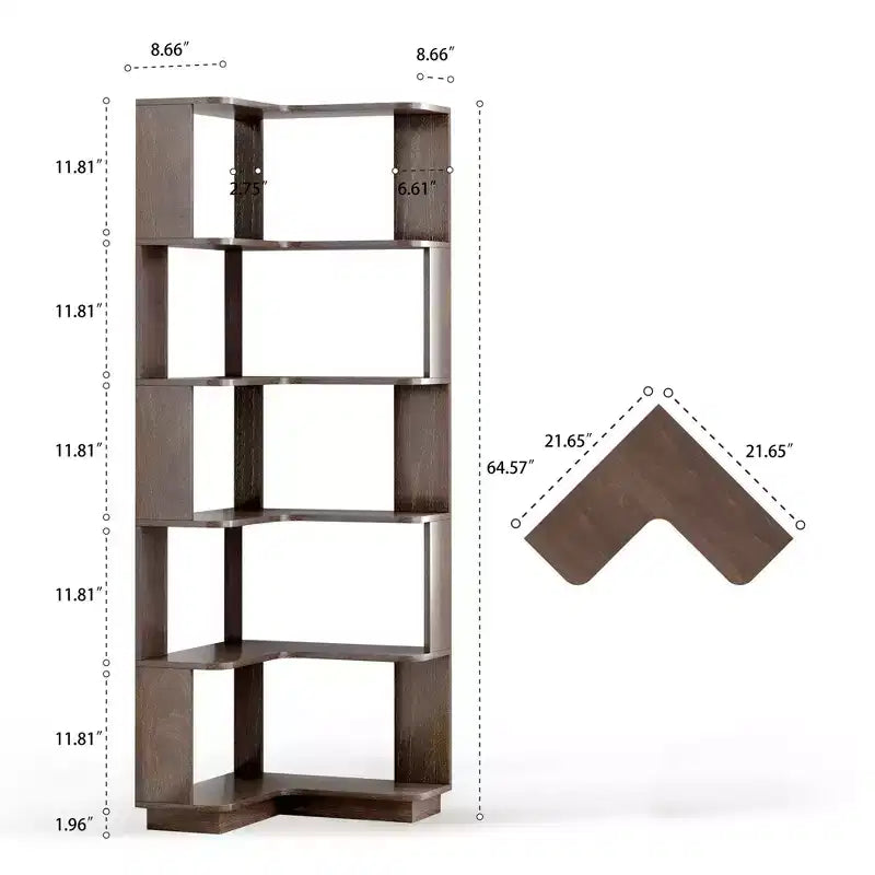 Étagère d'angle en forme de L à 6 niveaux Okak, bibliothèque d'affichage en bois avec dispositif anti-basculement pour bureau à domicile, étude