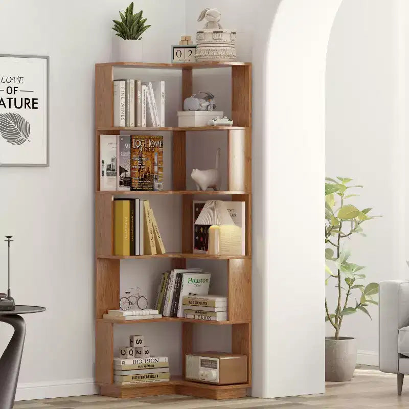 Étagère d'angle en forme de L à 6 niveaux Okak, bibliothèque d'affichage en bois avec dispositif anti-basculement pour bureau à domicile, étude