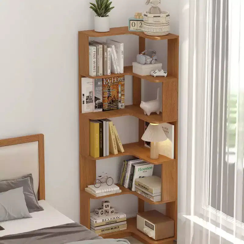Étagère d'angle en forme de L à 6 niveaux Okak, bibliothèque d'affichage en bois avec dispositif anti-basculement pour bureau à domicile, étude