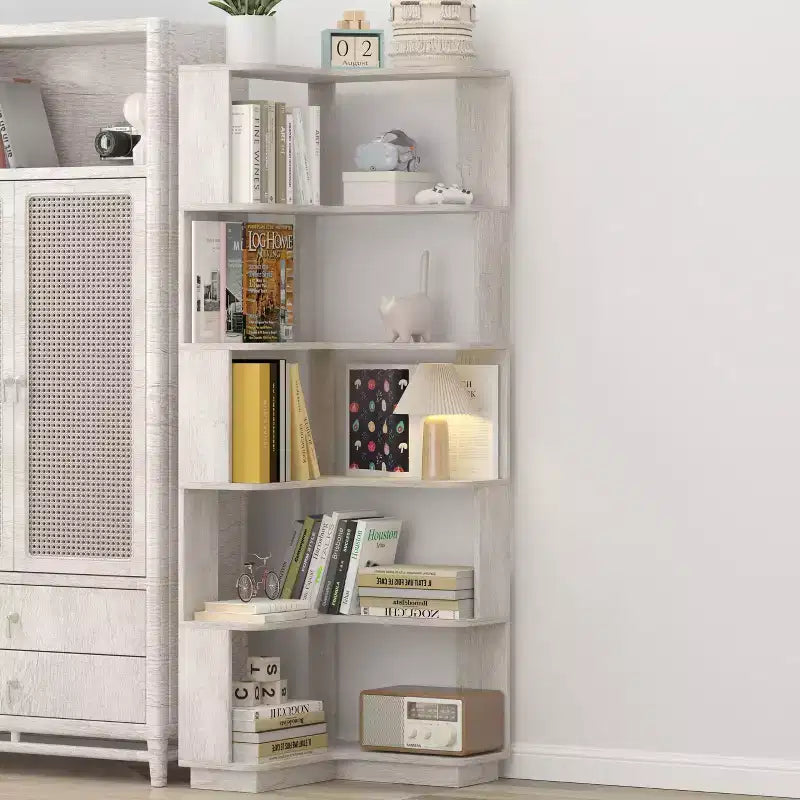Étagère d'angle en forme de L à 6 niveaux Okak, bibliothèque d'affichage en bois avec dispositif anti-basculement pour bureau à domicile, étude
