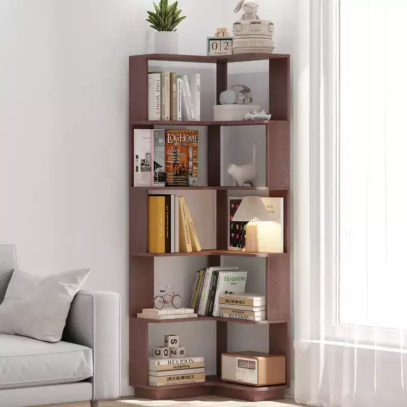 Étagère d'angle en forme de L à 6 niveaux Okak, bibliothèque d'affichage en bois avec dispositif anti-basculement pour bureau à domicile, étude