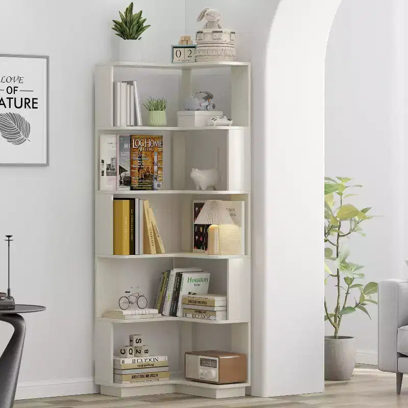 Étagère d'angle en forme de L à 6 niveaux Okak, bibliothèque d'affichage en bois avec dispositif anti-basculement pour bureau à domicile, étude