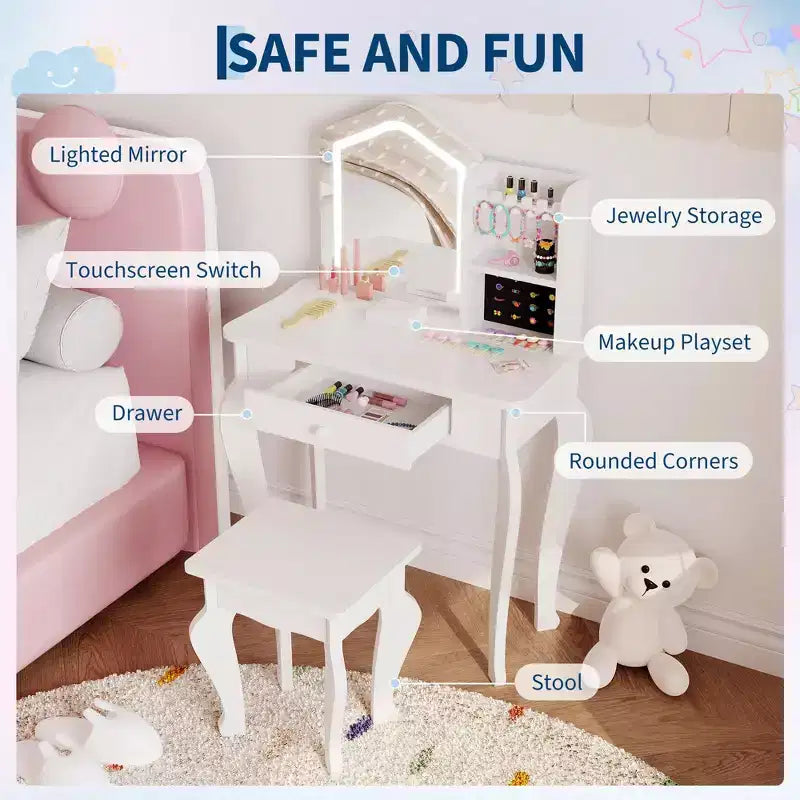 Coiffeuse pour enfants avec miroir lumineux, coiffeuse et tabouret pour petites filles, ensemble de table de maquillage pour tout-petits et ensemble de jeu de maquillage pour les filles de 3 à 8 ans