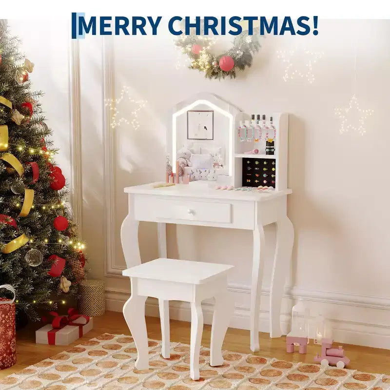 Coiffeuse pour enfants avec miroir lumineux, coiffeuse et tabouret pour petites filles, ensemble de table de maquillage pour tout-petits et ensemble de jeu de maquillage pour les filles de 3 à 8 ans