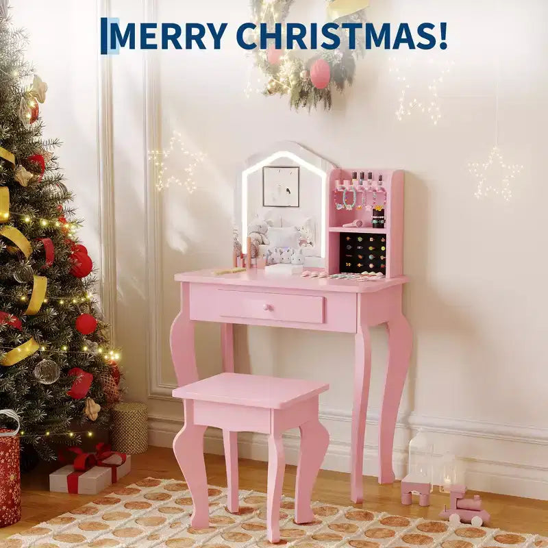 Coiffeuse pour enfants avec miroir lumineux, coiffeuse et tabouret pour petites filles, ensemble de table de maquillage pour tout-petits et ensemble de jeu de maquillage pour les filles de 3 à 8 ans