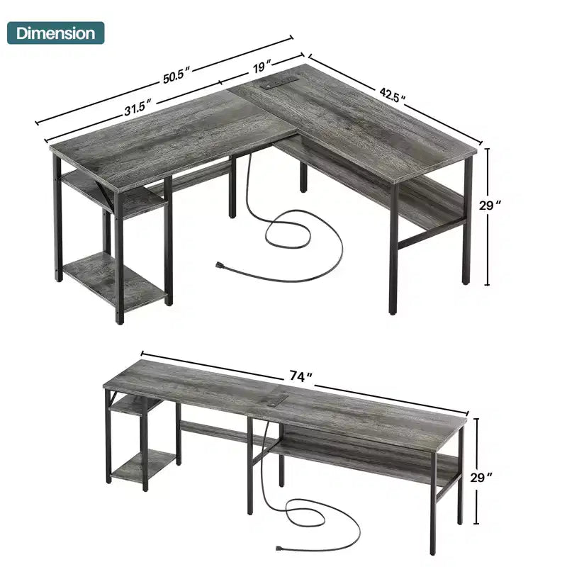 Besiost Bureau d'angle en L de 119,4 cm avec rangements, prises de courant, ports USB, bureau réversible pour ordinateur
