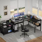 Besiost Bureau d'angle en L de 119,4 cm avec rangements, prises de courant, ports USB, bureau réversible pour ordinateur