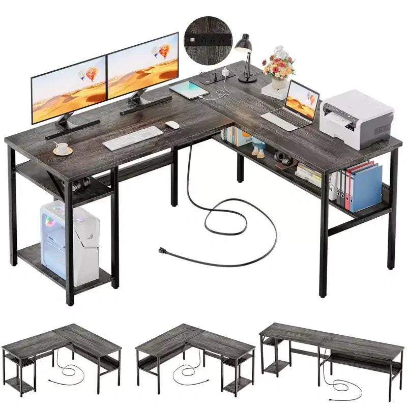 Besiost Bureau d'angle en L de 119,4 cm avec rangements, prises de courant, ports USB, bureau réversible pour ordinateur