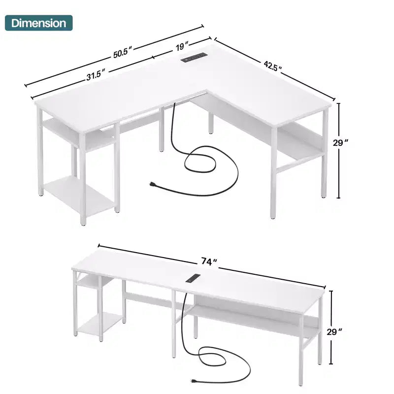 Besiost Bureau d'angle en L de 119,4 cm avec rangements, prises de courant, ports USB, bureau réversible pour ordinateur