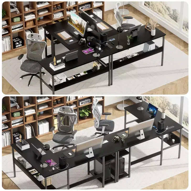 Besiost Bureau d'angle en L de 119,4 cm avec rangements, prises de courant, ports USB, bureau réversible pour ordinateur