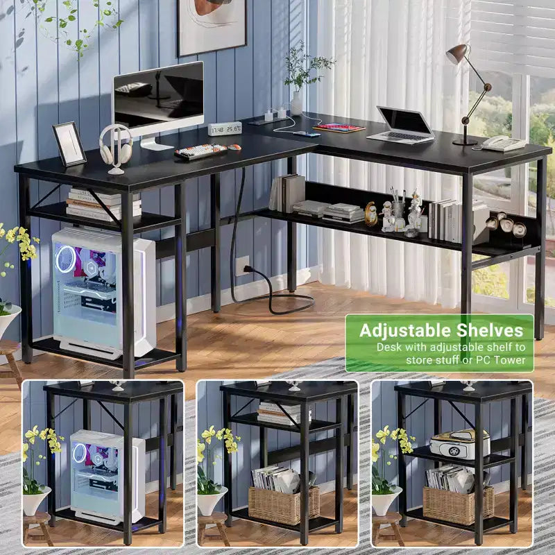 Besiost Bureau d'angle en L de 119,4 cm avec rangements, prises de courant, ports USB, bureau réversible pour ordinateur
