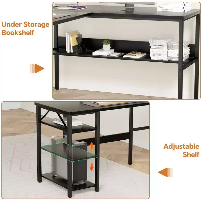 Besiost Bureau d'angle en L de 119,4 cm avec rangements, prises de courant, ports USB, bureau réversible pour ordinateur