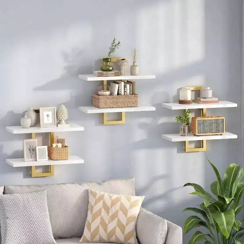 Floating Shelves 15 Inch Wall Shelf Set of 3 White and Gold 2 - Tier Hanging Storage for Bathroom Living Room Bedroom Kitchen