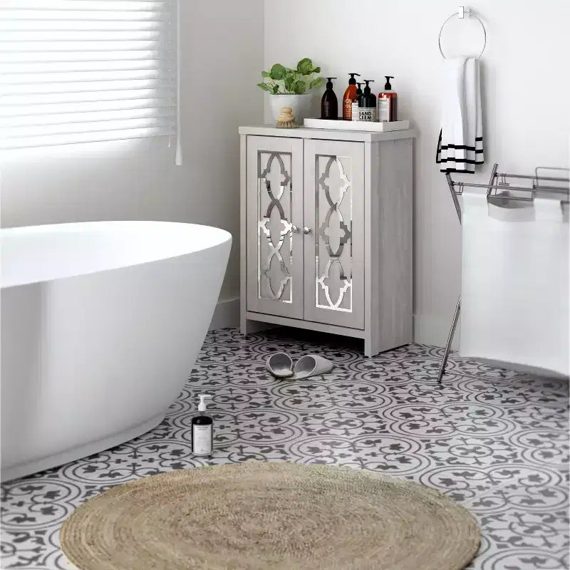 Meuble de salle de bain autoportant Galano avec portes miroir en chêne gris poussière 25 L 11,7 P 32 H