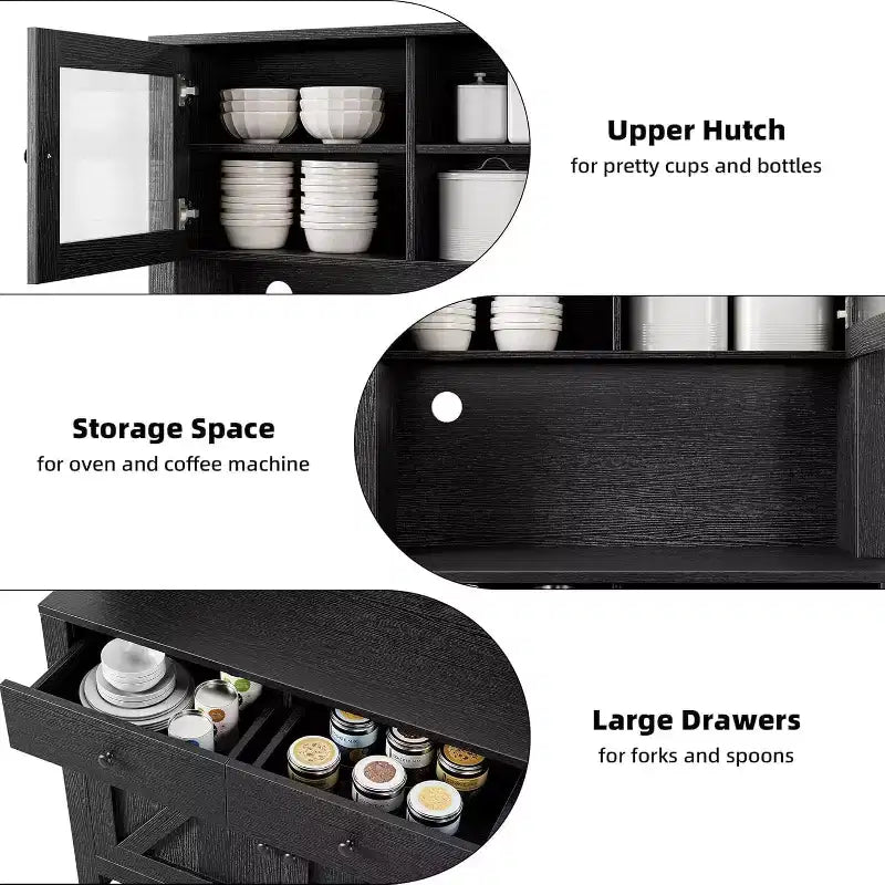 Armoire de cuisine multifonctionnelle, Meuble de rangement pour garde-manger avec support micro-ondes et bar à café, Buffet de rangement autoportant avec 4 portes et étagères réglables