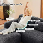 Canapé sans os en tissu peluche kaki clair de 203 cm avec coussins de jet et pouf en éponge haute densité 32D pour salons